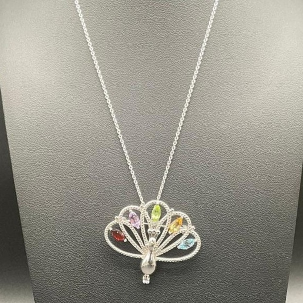 Sterling Silver Peacock Pendant Brooch with Multi-Gemstones‎ on 17" Chain Og Box